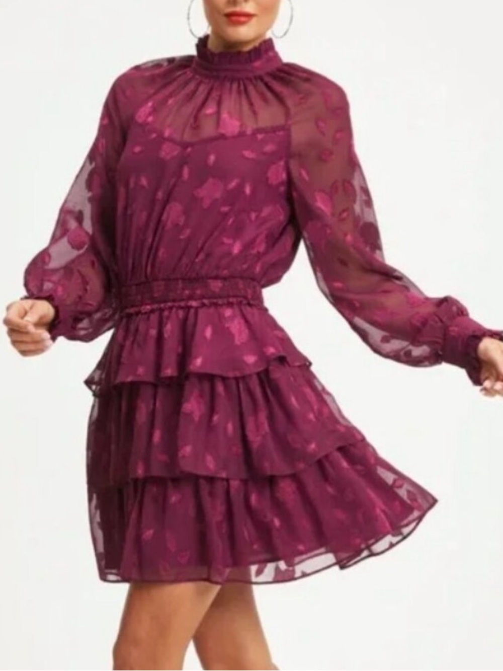 Vici Plum Floral Jacquard Long Sleeve Ruffle Dress